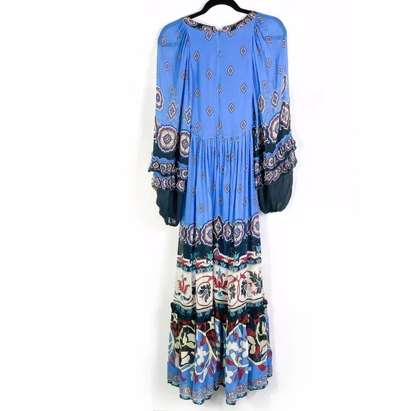 FARM Rio Ainka Tiles Dress Blue Floral Maxi Long Sleeve V-Neck Boho Sz XS - Picture 10 of 10